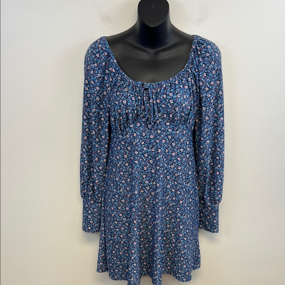 Lily Rose Blue Pink Floral Long Sleeved Scoop Neck Flowy Empire Waist Dress XS